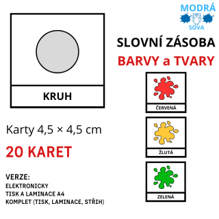 Základní slovní zásoba BARVY a TVARY (20 kartiček), kartičky 4,5 x 4,5 cm